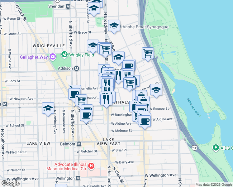 map of restaurants, bars, coffee shops, grocery stores, and more near 3442 North Elaine Place in Chicago