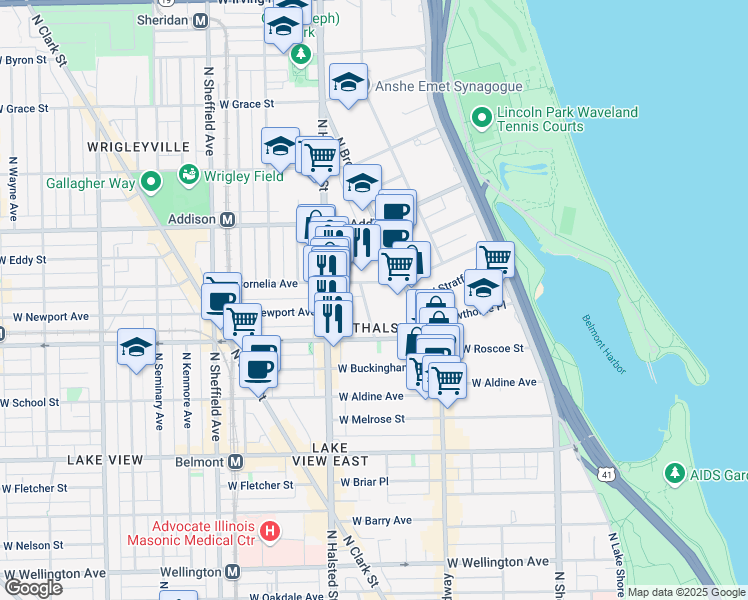 map of restaurants, bars, coffee shops, grocery stores, and more near 3445 North Elaine Place in Chicago