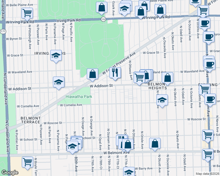map of restaurants, bars, coffee shops, grocery stores, and more near 3544 North Ozanam Avenue in Chicago