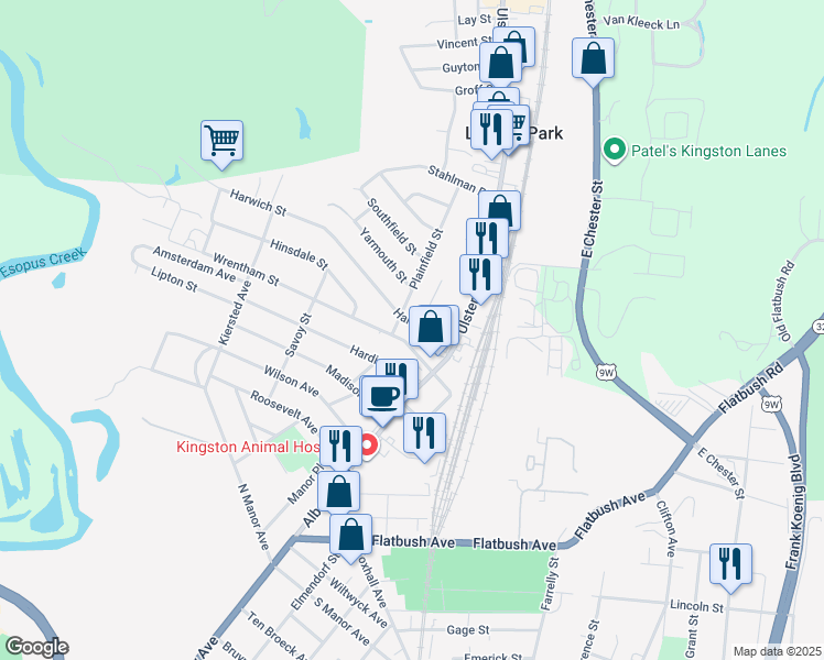 map of restaurants, bars, coffee shops, grocery stores, and more near 54 Wrentham Street in Kingston