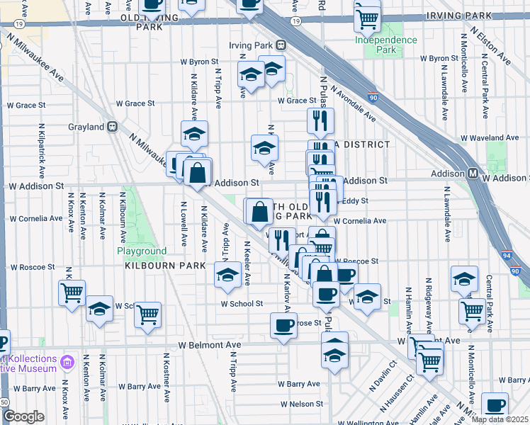 map of restaurants, bars, coffee shops, grocery stores, and more near 4148 West Cornelia Avenue in Chicago