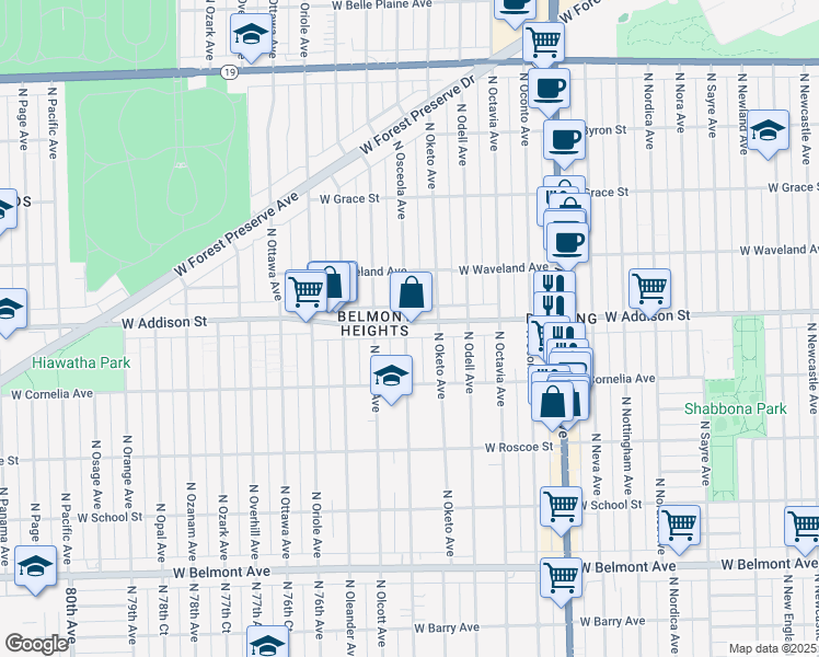 map of restaurants, bars, coffee shops, grocery stores, and more near 3537 North Osceola Avenue in Chicago