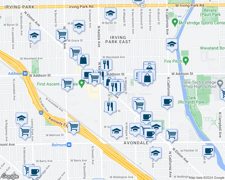 map of restaurants, bars, coffee shops, grocery stores, and more near 3493 North Elston Avenue in Chicago