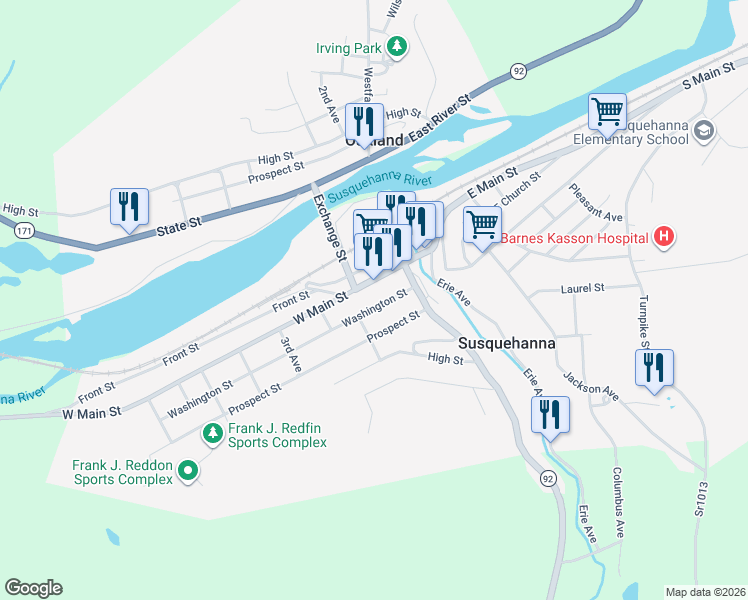 map of restaurants, bars, coffee shops, grocery stores, and more near 548 Washington Street in Susquehanna