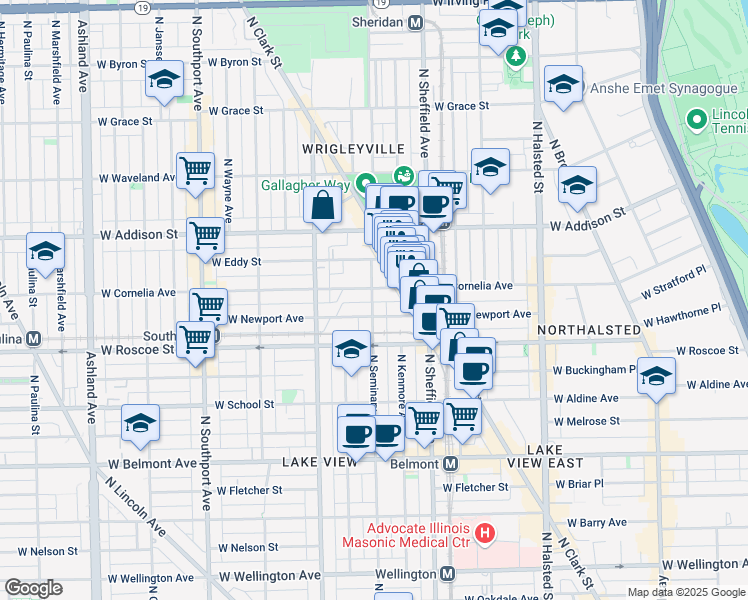 map of restaurants, bars, coffee shops, grocery stores, and more near 3449 North Seminary Avenue in Chicago