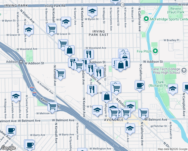 map of restaurants, bars, coffee shops, grocery stores, and more near 3493 North Elston Avenue in Chicago
