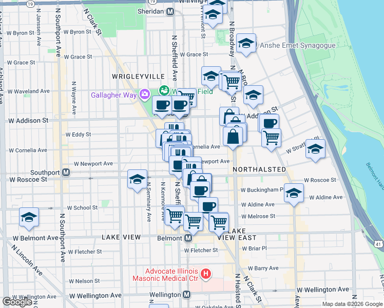 map of restaurants, bars, coffee shops, grocery stores, and more near 914 West Newport Avenue in Chicago