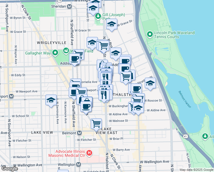 map of restaurants, bars, coffee shops, grocery stores, and more near 3445 North Halsted Street in Chicago