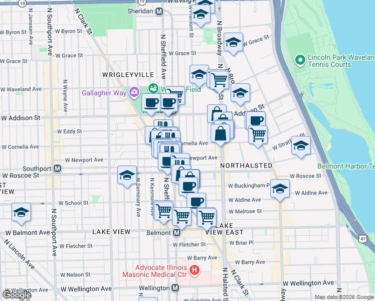 map of restaurants, bars, coffee shops, grocery stores, and more near 914 West Newport Avenue in Chicago