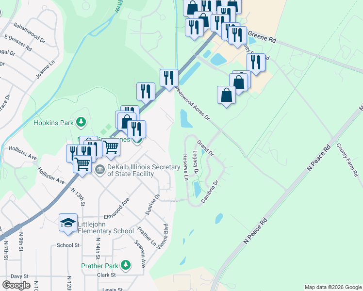 map of restaurants, bars, coffee shops, grocery stores, and more near 1515 Reserve Lane in DeKalb