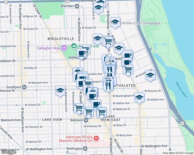 map of restaurants, bars, coffee shops, grocery stores, and more near 861 West Cornelia Avenue in Chicago