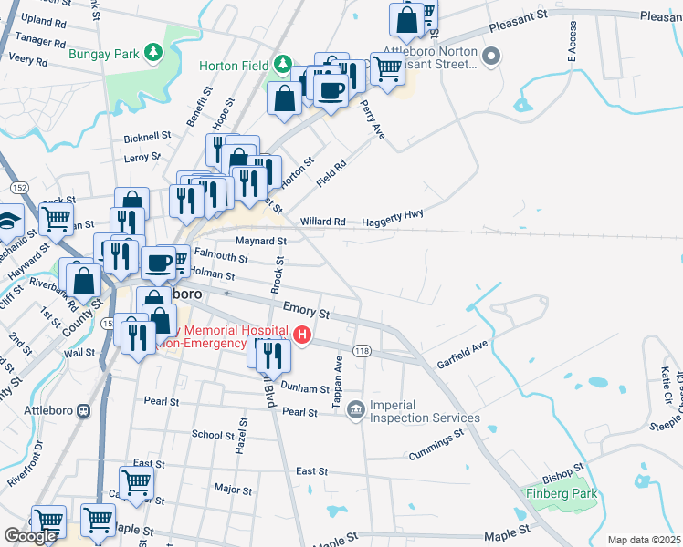 map of restaurants, bars, coffee shops, grocery stores, and more near 80 Holman Street in Attleboro