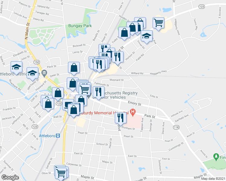 map of restaurants, bars, coffee shops, grocery stores, and more near 43 Holman Street in Attleboro