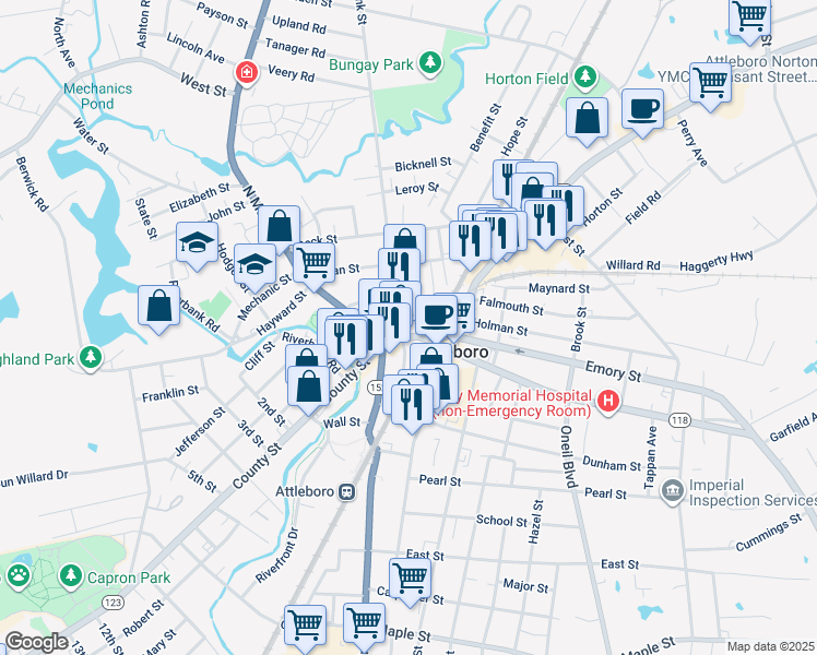 map of restaurants, bars, coffee shops, grocery stores, and more near 26 Railroad Avenue in Attleboro