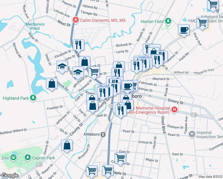 map of restaurants, bars, coffee shops, grocery stores, and more near 8 North Main Street in Attleboro