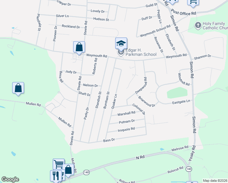 map of restaurants, bars, coffee shops, grocery stores, and more near 22 Quaker Lane in Enfield