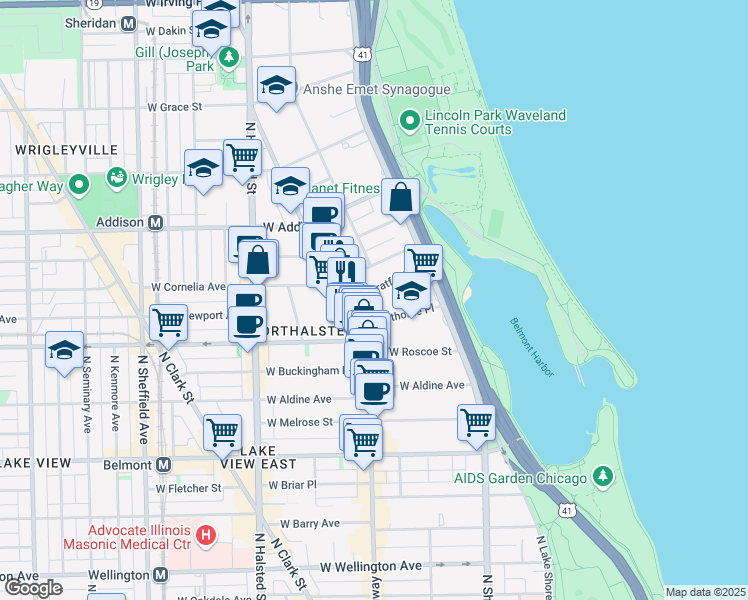 map of restaurants, bars, coffee shops, grocery stores, and more near 3473 North Broadway in Chicago