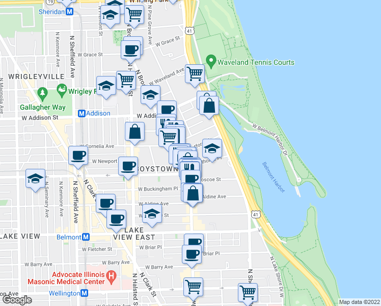 map of restaurants, bars, coffee shops, grocery stores, and more near 588 West Hawthorne Place in Chicago