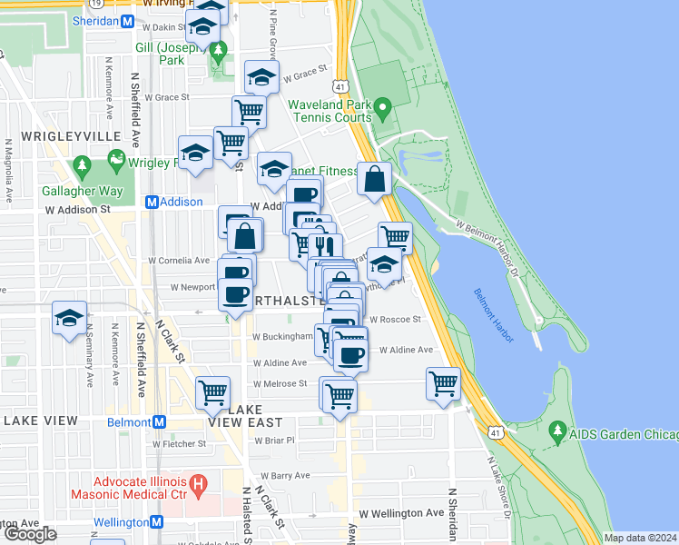 map of restaurants, bars, coffee shops, grocery stores, and more near 588 West Hawthorne Place in Chicago