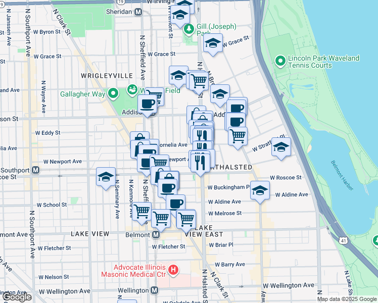 map of restaurants, bars, coffee shops, grocery stores, and more near 839 West Newport Avenue in Chicago