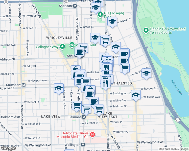 map of restaurants, bars, coffee shops, grocery stores, and more near 839 West Newport Avenue in Chicago