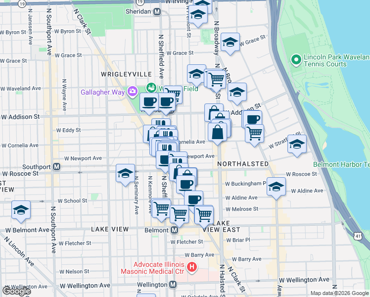 map of restaurants, bars, coffee shops, grocery stores, and more near 914 West Newport Avenue in Chicago
