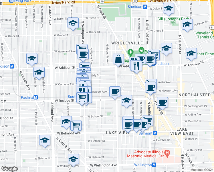 map of restaurants, bars, coffee shops, grocery stores, and more near 1220 West Newport Avenue in Chicago
