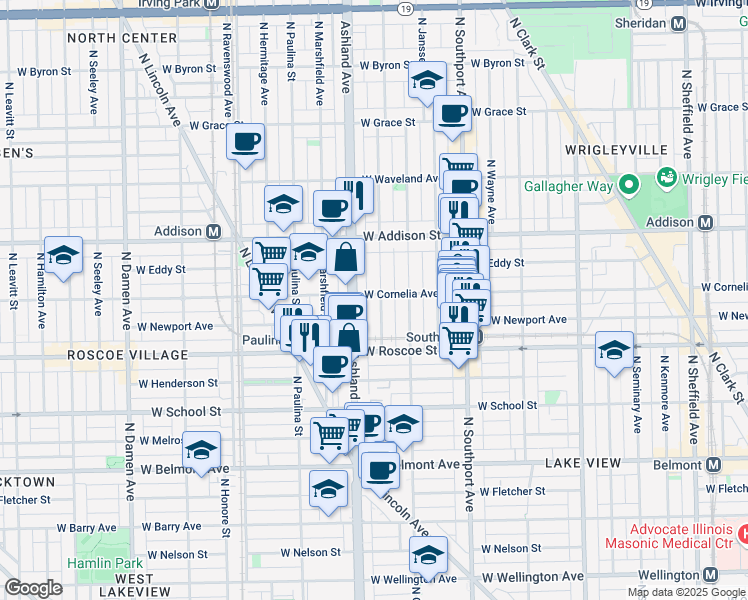 map of restaurants, bars, coffee shops, grocery stores, and more near 3438 North Bosworth Avenue in Chicago