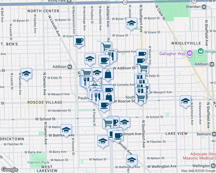 map of restaurants, bars, coffee shops, grocery stores, and more near 3438 North Ashland Avenue in Chicago