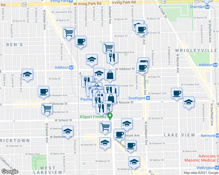 map of restaurants, bars, coffee shops, grocery stores, and more near 3438 North Ashland Avenue in Chicago