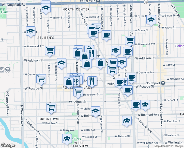 map of restaurants, bars, coffee shops, grocery stores, and more near 1908 West Newport Avenue in Chicago