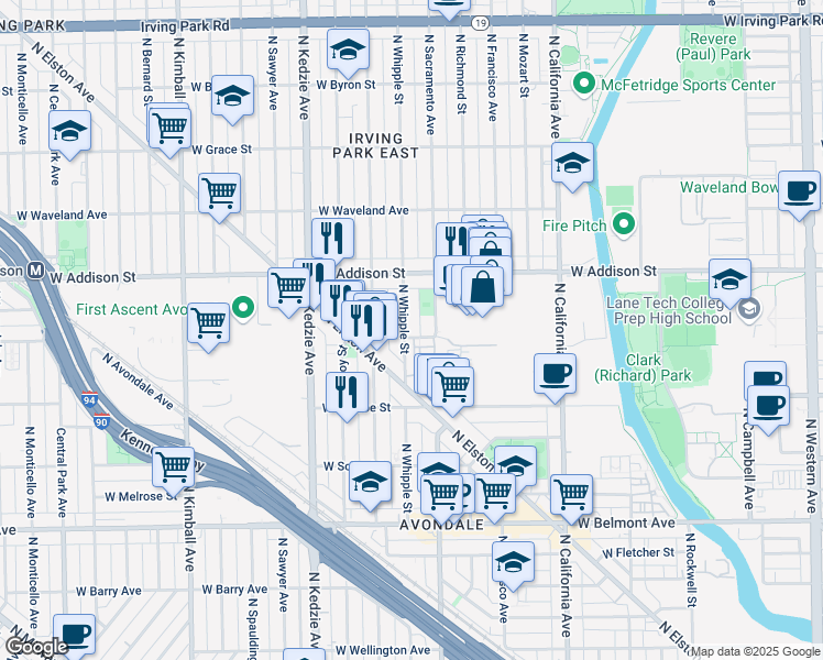 map of restaurants, bars, coffee shops, grocery stores, and more near 3012 West Newport Avenue in Chicago