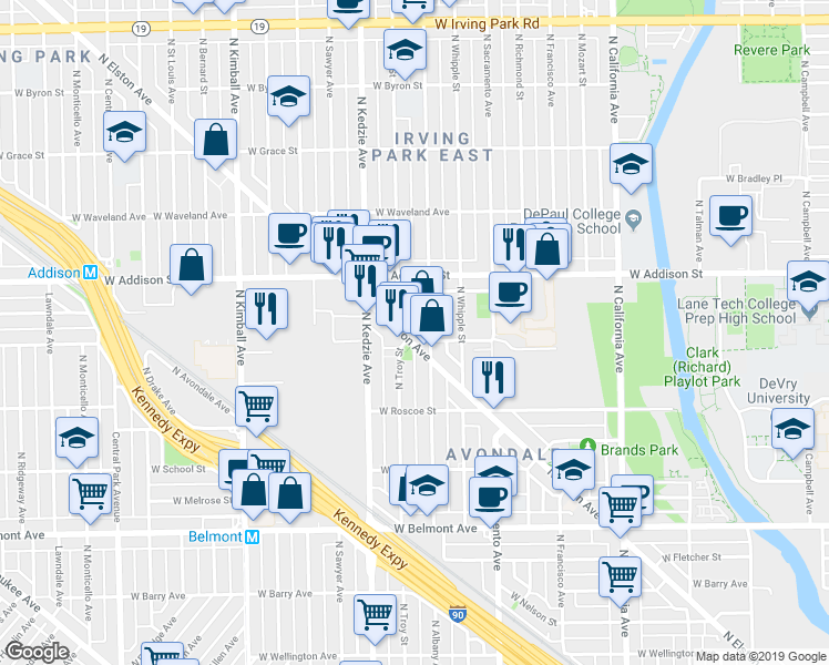 map of restaurants, bars, coffee shops, grocery stores, and more near 3451 North Troy Street in Chicago