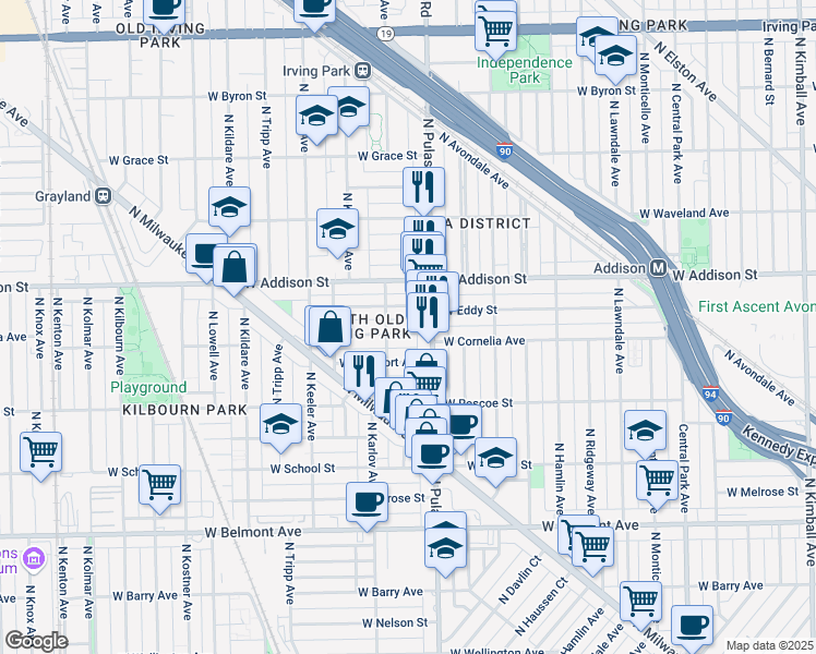 map of restaurants, bars, coffee shops, grocery stores, and more near 4041 West Cornelia Avenue in Chicago