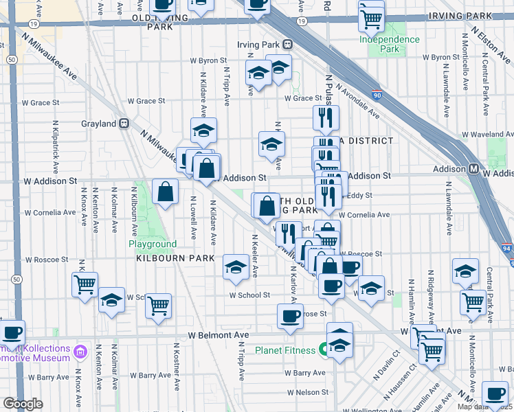 map of restaurants, bars, coffee shops, grocery stores, and more near 4177 West Cornelia Avenue in Chicago