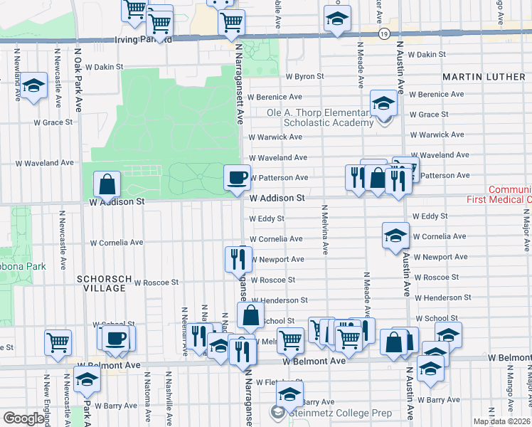 map of restaurants, bars, coffee shops, grocery stores, and more near 6317 West Eddy Street in Chicago