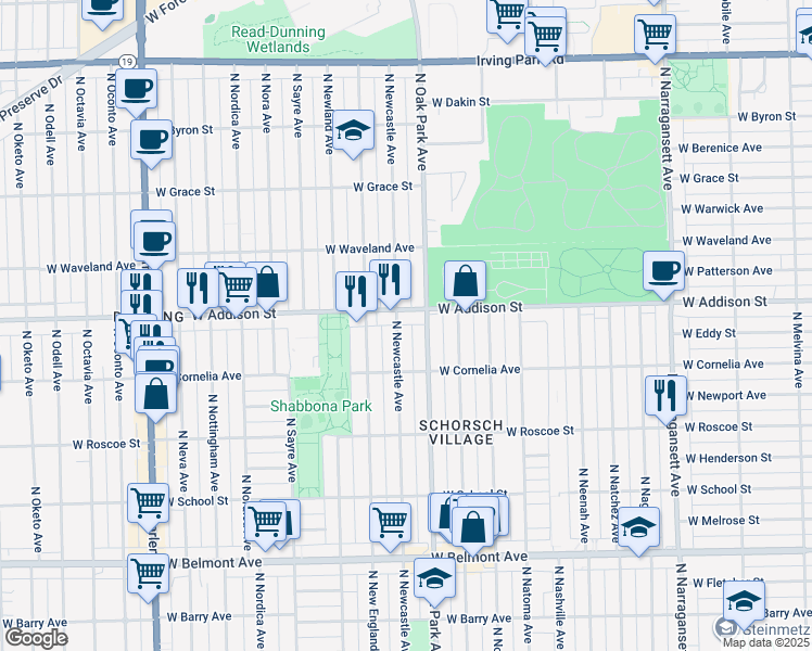 map of restaurants, bars, coffee shops, grocery stores, and more near 3526 North Oak Park Avenue in Chicago