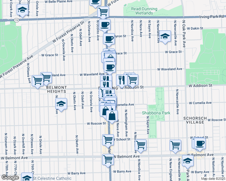 map of restaurants, bars, coffee shops, grocery stores, and more near 3540 North Harlem Avenue in Chicago