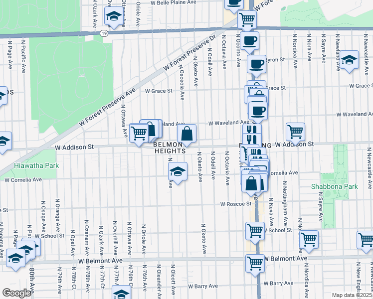 map of restaurants, bars, coffee shops, grocery stores, and more near 3537 North Osceola Avenue in Chicago