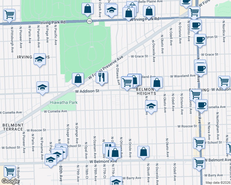 map of restaurants, bars, coffee shops, grocery stores, and more near 3545 North Overhill Avenue in Chicago