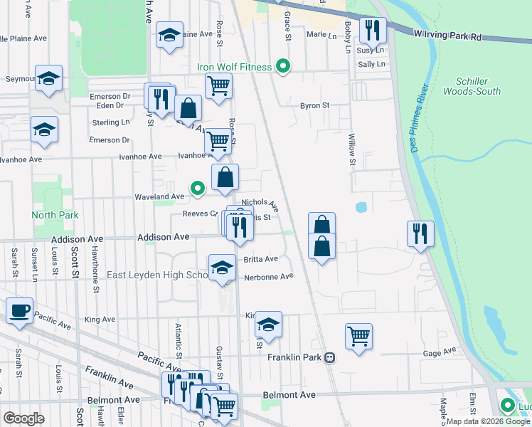map of restaurants, bars, coffee shops, grocery stores, and more near 9511 Davis Street in Franklin Park