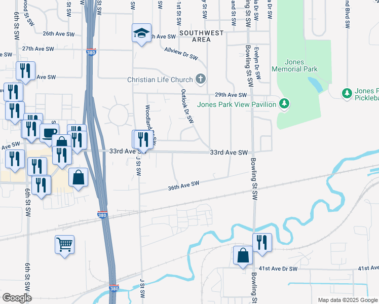 map of restaurants, bars, coffee shops, grocery stores, and more near 63 33rd Avenue Southwest in Cedar Rapids
