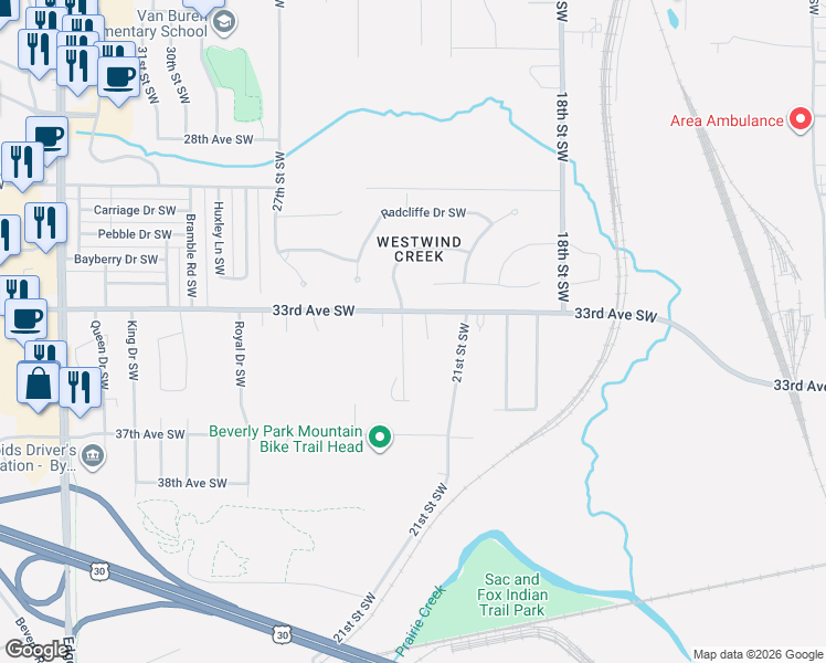map of restaurants, bars, coffee shops, grocery stores, and more near 2133 33rd Avenue Southwest in Cedar Rapids