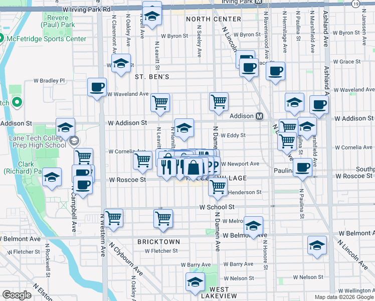 map of restaurants, bars, coffee shops, grocery stores, and more near W Cornelia Ave & N Hoyne Ave in Chicago