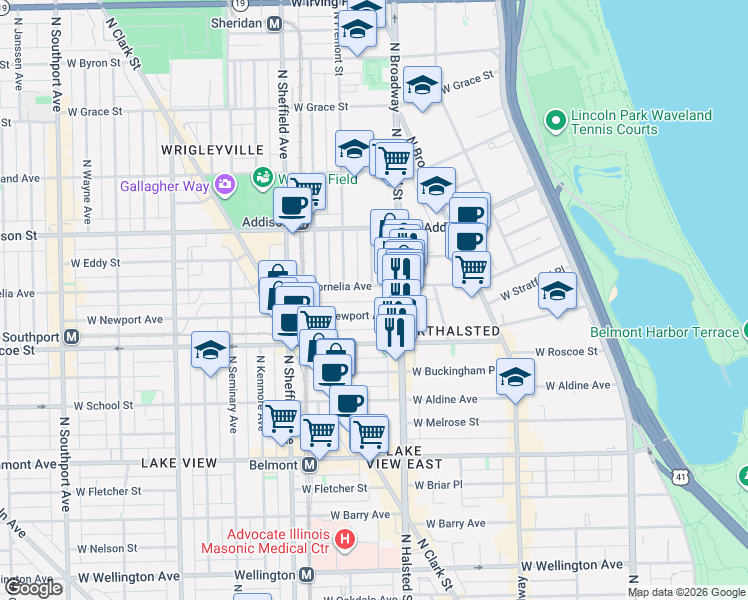 map of restaurants, bars, coffee shops, grocery stores, and more near 839 West Newport Avenue in Chicago