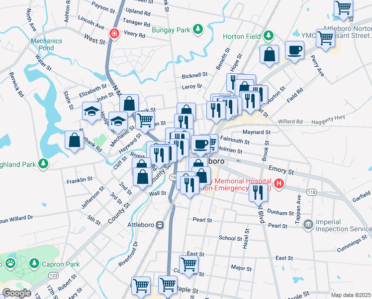 map of restaurants, bars, coffee shops, grocery stores, and more near 5 Bank Street in Attleboro