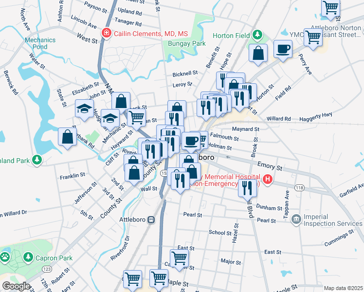 map of restaurants, bars, coffee shops, grocery stores, and more near 42 Park Street in Attleboro