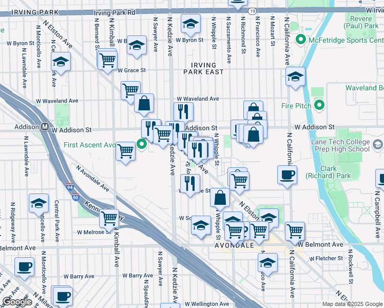 map of restaurants, bars, coffee shops, grocery stores, and more near 3493 North Elston Avenue in Chicago