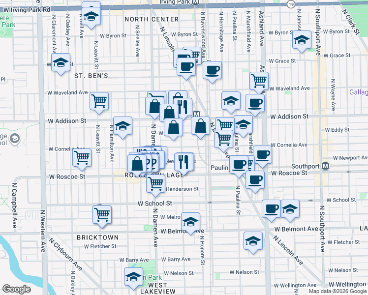 map of restaurants, bars, coffee shops, grocery stores, and more near 1908 West Newport Avenue in Chicago