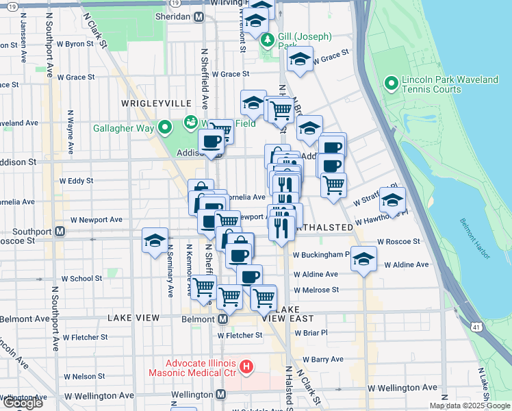 map of restaurants, bars, coffee shops, grocery stores, and more near 843 West Cornelia Avenue in Chicago